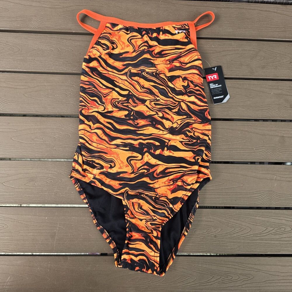 TYR Durafast Elite Women's Orange Crypsis Diamondfit One Piece Swim Sz 36 New